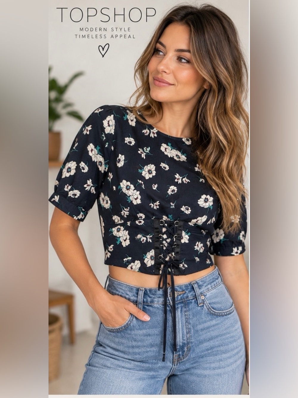 Topshop Black Floral Lace-Up Cropped Top